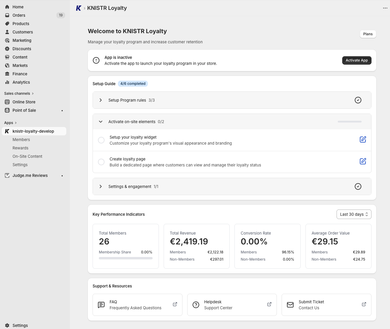 KNISTR Dashboard with setup checklist