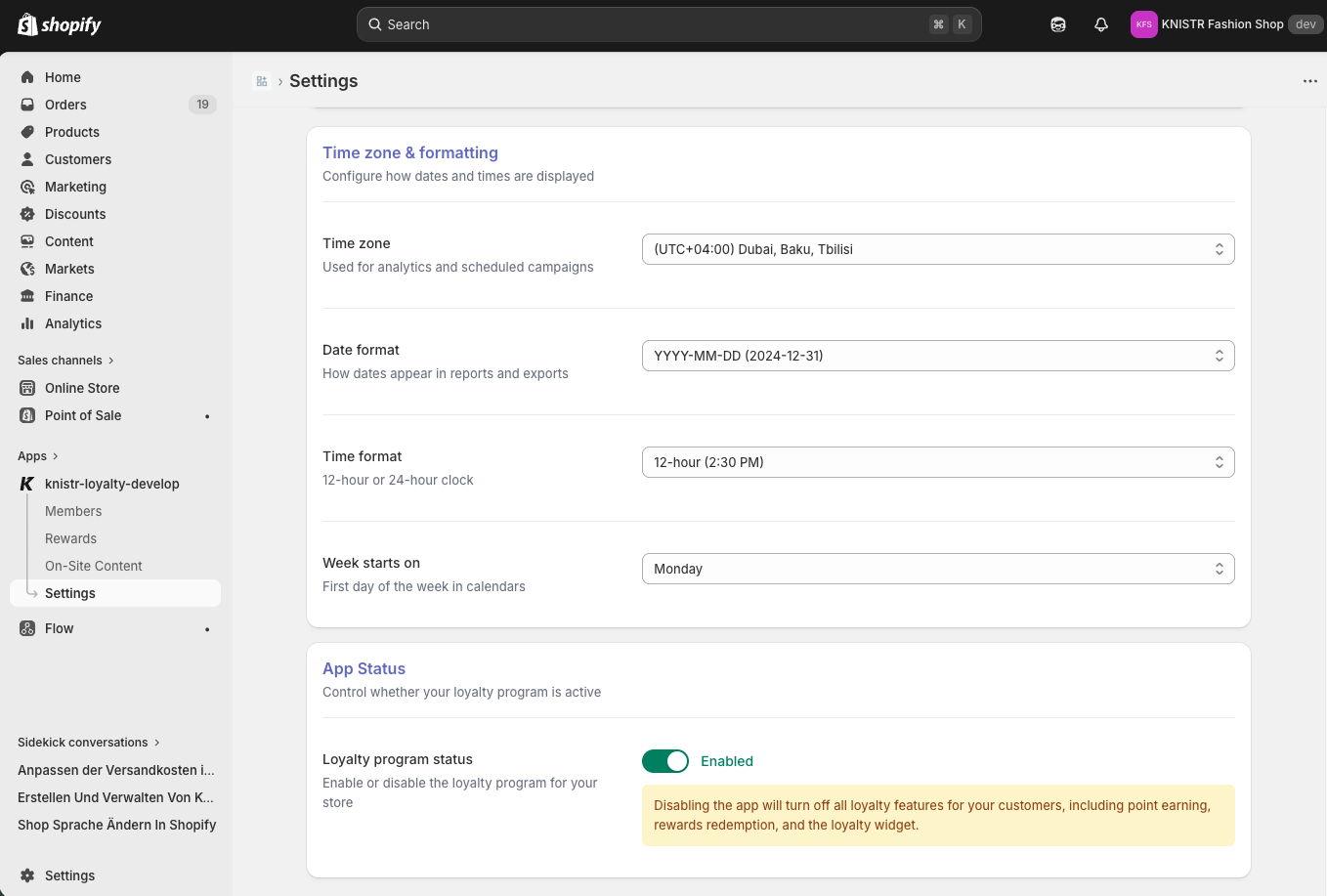 Settings → General → App Status toggle