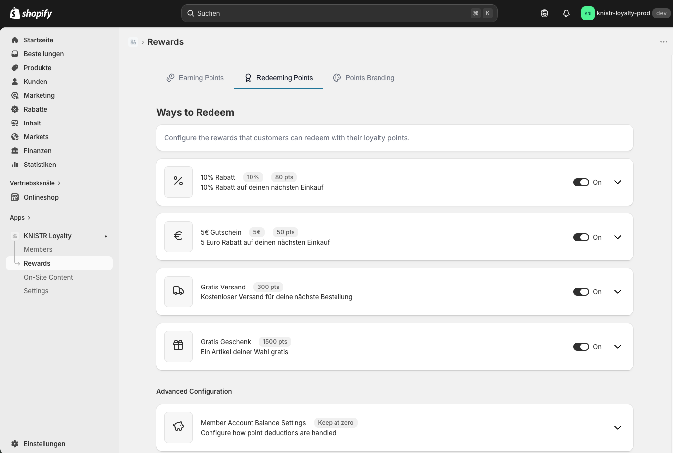 Redeeming Points tab with reward list
