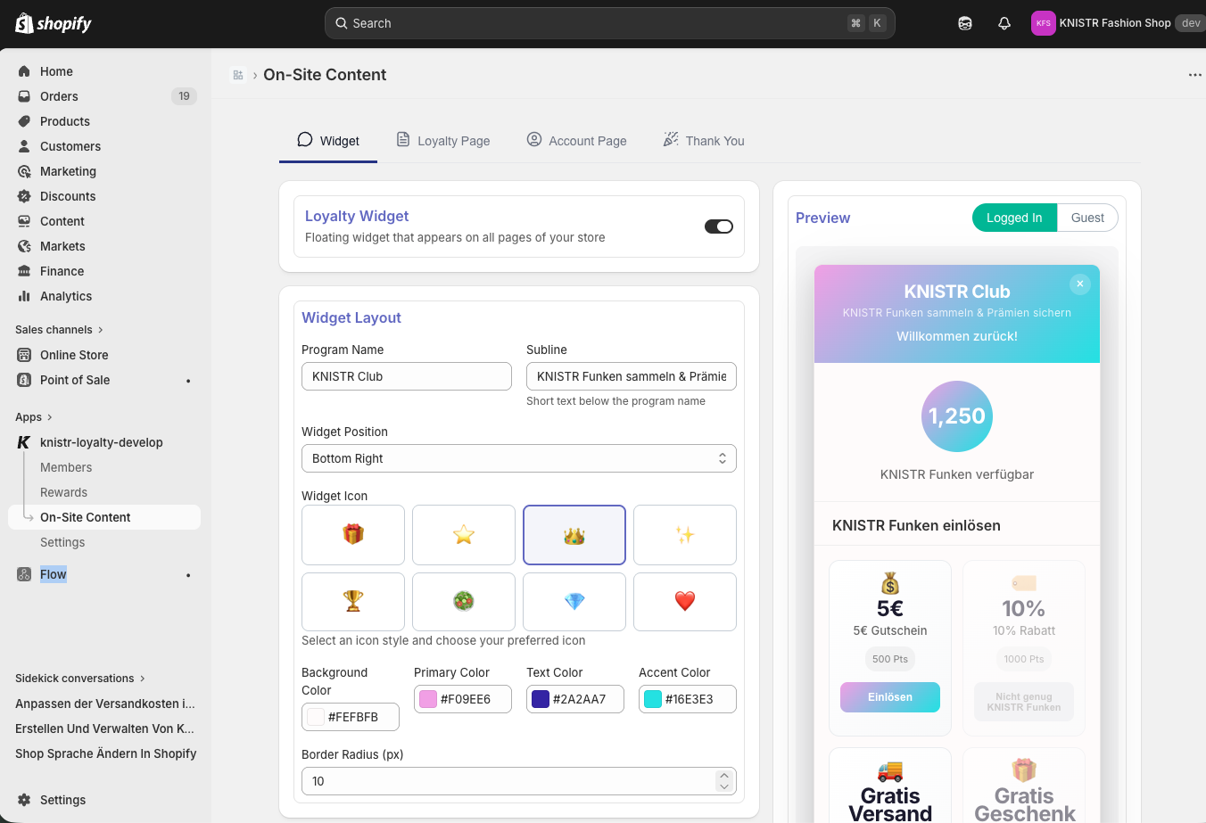 Widget settings with live store preview